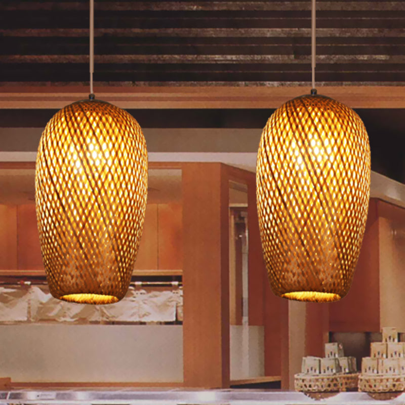 Lodge Style Woven Shade Pendant Lamp Bamboo 1-Light Kitchen Suspension Lighting in Yellow, 9"/10" Wide Clearhalo 'Ceiling Lights' 'Pendant Lights' 'Pendants' Lighting' 1522837