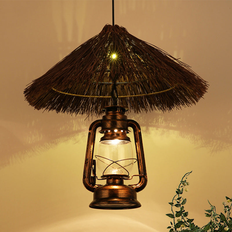 Hand-Woven Rattan Pendant Light Lodge Style 1 Light Brown Hanging Lamp with Lantern Shade for Dining Room Clearhalo 'Ceiling Lights' 'Modern Pendants' 'Modern' 'Pendant Lights' 'Pendants' Lighting' 1522841