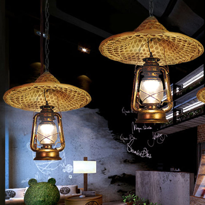 Metal Lantern Shade Hanging Light Country Style 12"/23.5" W 1 Bulb Beige Pendant Lighting with Rattan Hat Design Clearhalo 'Ceiling Lights' 'Modern Pendants' 'Modern' 'Pendant Lights' 'Pendants' Lighting' 1522842