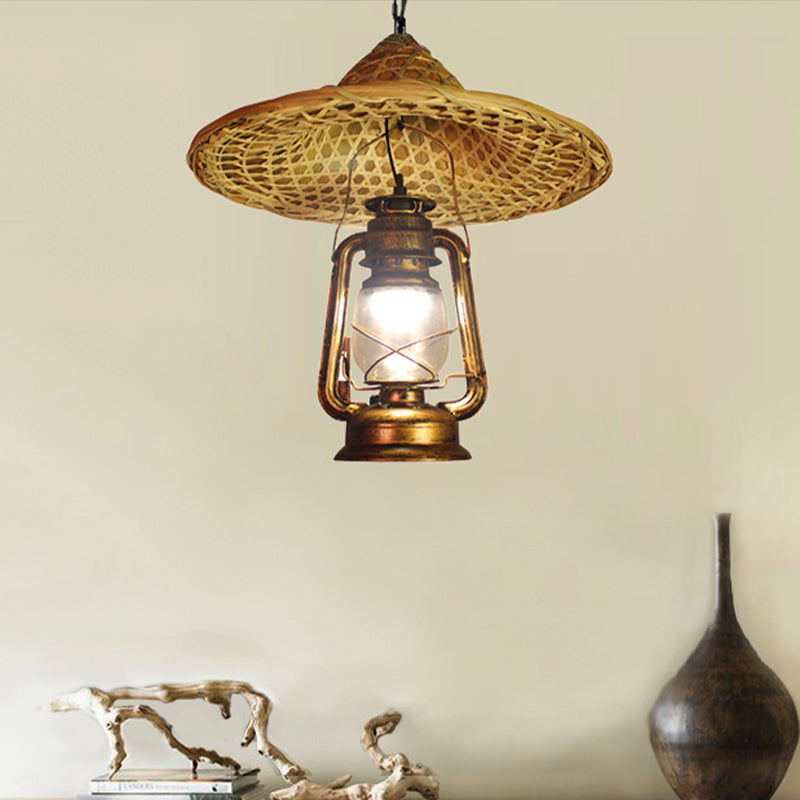 Metal Lantern Shade Hanging Light Country Style 12"/23.5" W 1 Bulb Beige Pendant Lighting with Rattan Hat Design Clearhalo 'Ceiling Lights' 'Modern Pendants' 'Modern' 'Pendant Lights' 'Pendants' Lighting' 1522843