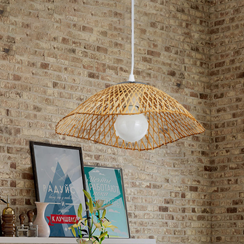 Hand-Knitted Bamboo Pendant Light with Dome Shade Asian Style 1 Head Beige Hanging Lamp for Living Room, 14"/18" W Clearhalo 'Ceiling Lights' 'Pendant Lights' 'Pendants' Lighting' 1522846