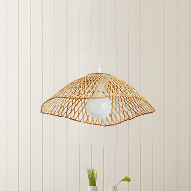 Hand-Knitted Bamboo Pendant Light with Dome Shade Asian Style 1 Head Beige Hanging Lamp for Living Room, 14"/18" W Clearhalo 'Ceiling Lights' 'Pendant Lights' 'Pendants' Lighting' 1522847