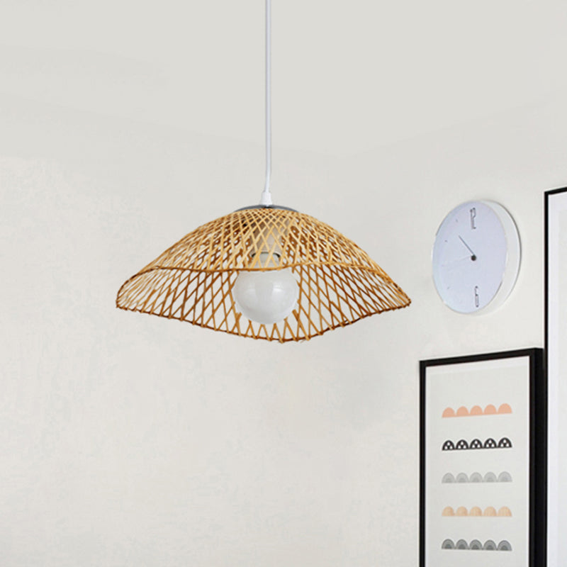 Hand-Knitted Bamboo Pendant Light with Dome Shade Asian Style 1 Head Beige Hanging Lamp for Living Room, 14"/18" W Clearhalo 'Ceiling Lights' 'Pendant Lights' 'Pendants' Lighting' 1522848