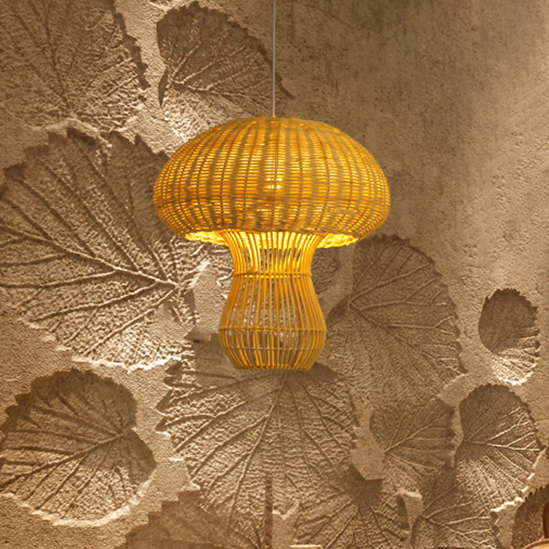 1 Light Hallway Hanging Light with Mushroom Rattan Shade Asian Style Brown/Beige Pendant Lighting Clearhalo 'Ceiling Lights' 'Pendant Lights' 'Pendants' Lighting' 1522849