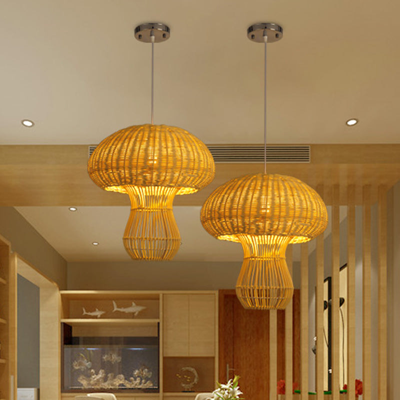 1 Light Hallway Hanging Light with Mushroom Rattan Shade Asian Style Brown/Beige Pendant Lighting Clearhalo 'Ceiling Lights' 'Pendant Lights' 'Pendants' Lighting' 1522851