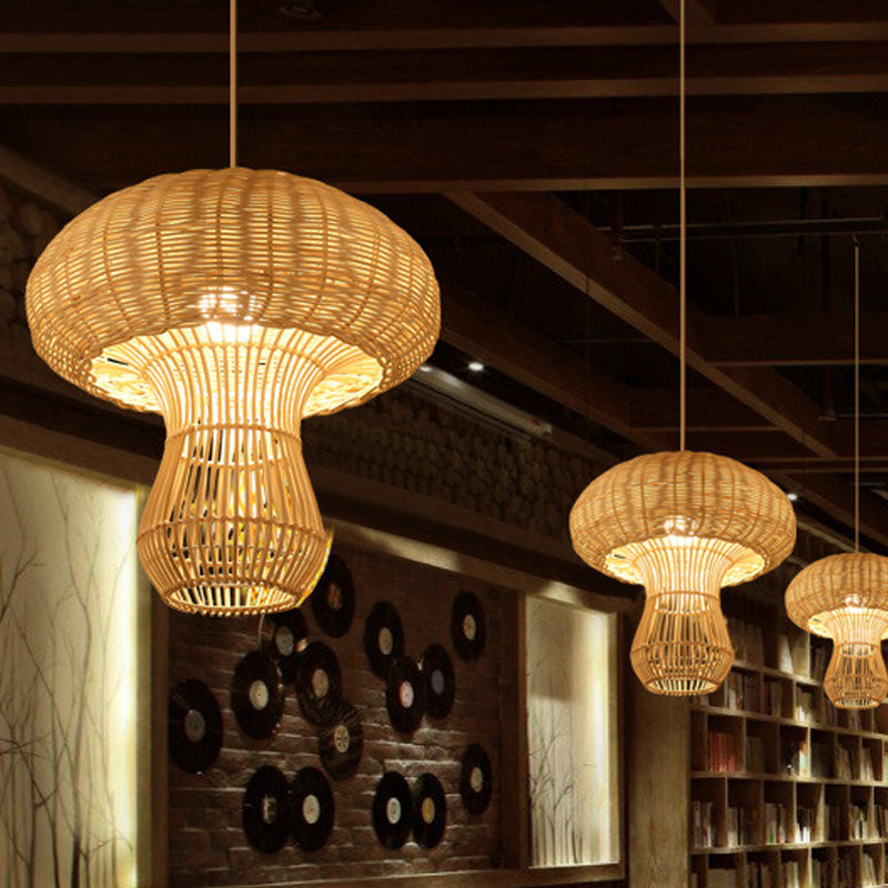 1 Light Hallway Hanging Light with Mushroom Rattan Shade Asian Style Brown/Beige Pendant Lighting Clearhalo 'Ceiling Lights' 'Pendant Lights' 'Pendants' Lighting' 1522852