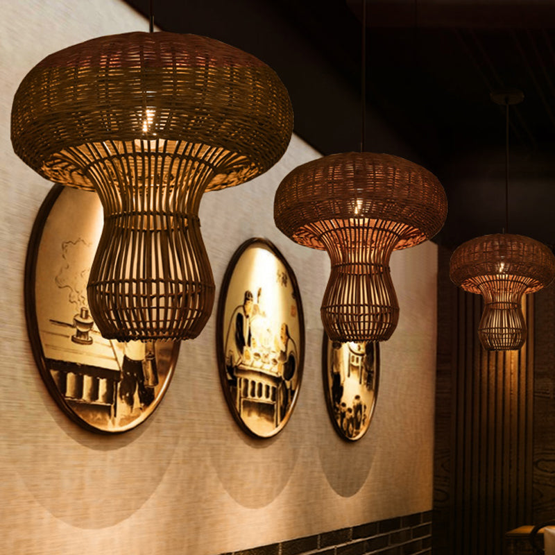 1 Light Hallway Hanging Light with Mushroom Rattan Shade Asian Style Brown/Beige Pendant Lighting Clearhalo 'Ceiling Lights' 'Pendant Lights' 'Pendants' Lighting' 1522853