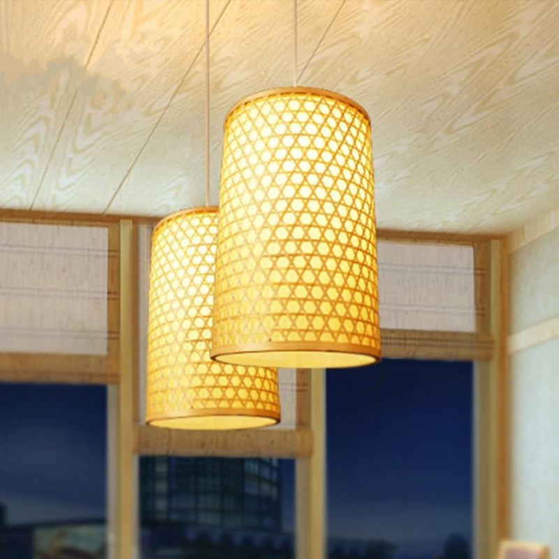 Cylindrical Bamboo Hanging Ceiling Light Modernist Style 1 Head Beige Pendant Lamp for Dining Room Clearhalo 'Ceiling Lights' 'Pendant Lights' 'Pendants' Lighting' 1522858