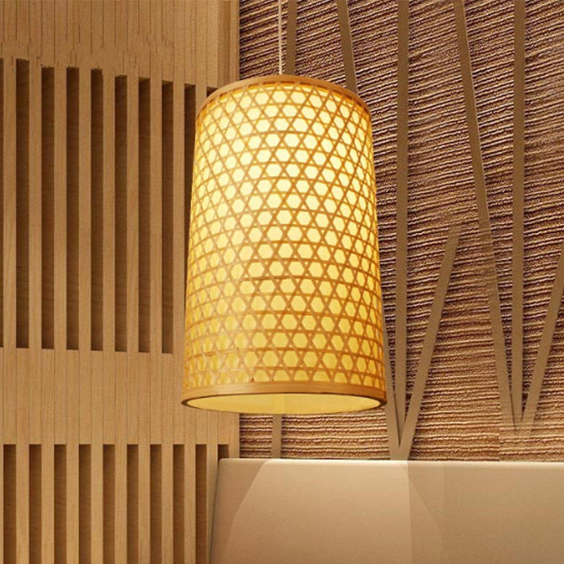 Cylindrical Bamboo Hanging Ceiling Light Modernist Style 1 Head Beige Pendant Lamp for Dining Room Clearhalo 'Ceiling Lights' 'Pendant Lights' 'Pendants' Lighting' 1522859