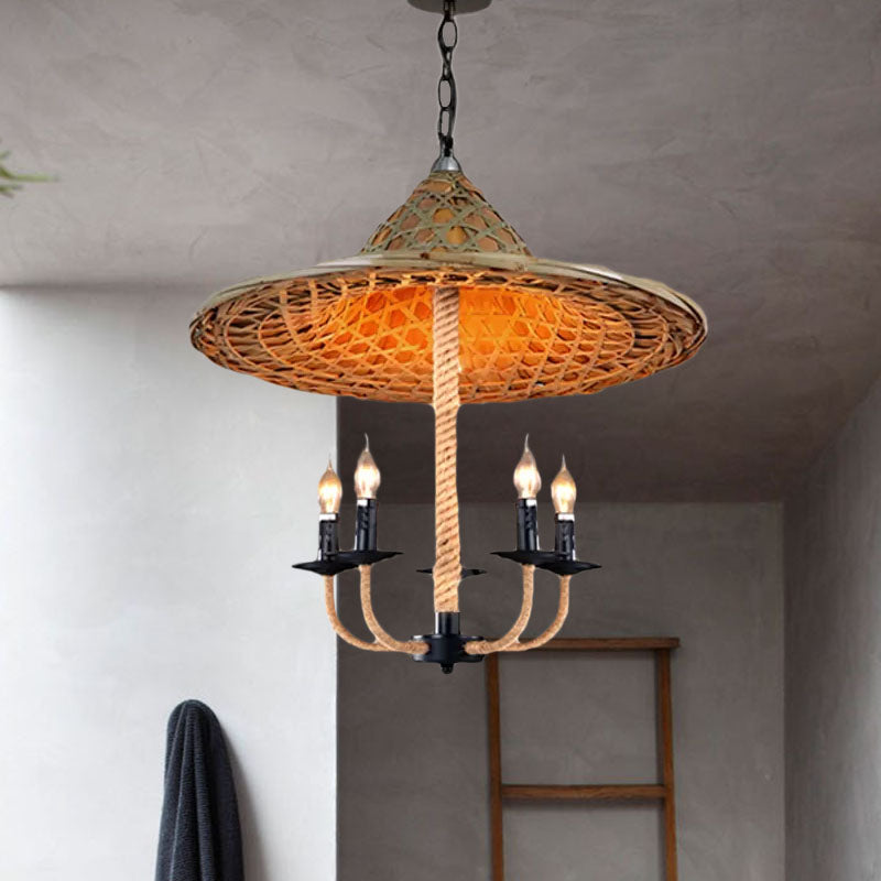 Candle Chandelier Lighting with Hat Design Lodge Style Rattan 5 Lights Beige Hanging Lamp for Dining Room Clearhalo 'Ceiling Lights' 'Chandeliers' Lighting' options 1522861
