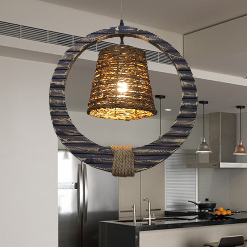 Rattan Conical Hanging Light Modern Style 1 Head Brown Pendant Lamp with Wooden Vertical Ring Clearhalo 'Ceiling Lights' 'Modern Pendants' 'Modern' 'Pendant Lights' 'Pendants' Lighting' 1522868