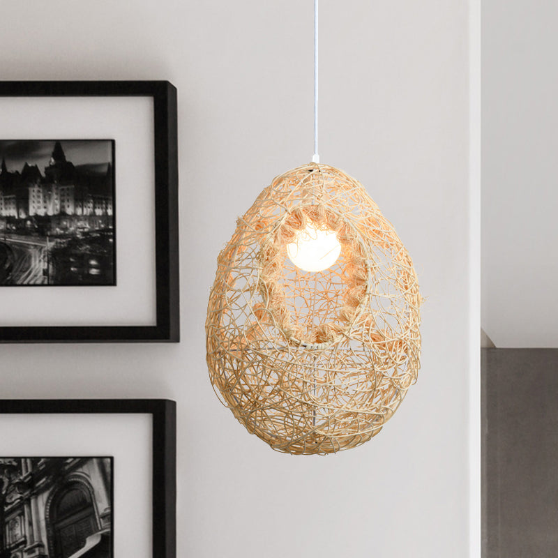 Woven Rattan Egg Shaped Pendant Light for Restaurant Rustic One Bulb Hanging Lamp in Beige Clearhalo 'Ceiling Lights' 'Pendant Lights' 'Pendants' Lighting' 1522869