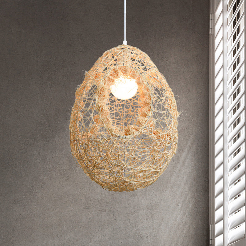 Woven Rattan Egg Shaped Pendant Light for Restaurant Rustic One Bulb Hanging Lamp in Beige Clearhalo 'Ceiling Lights' 'Pendant Lights' 'Pendants' Lighting' 1522870