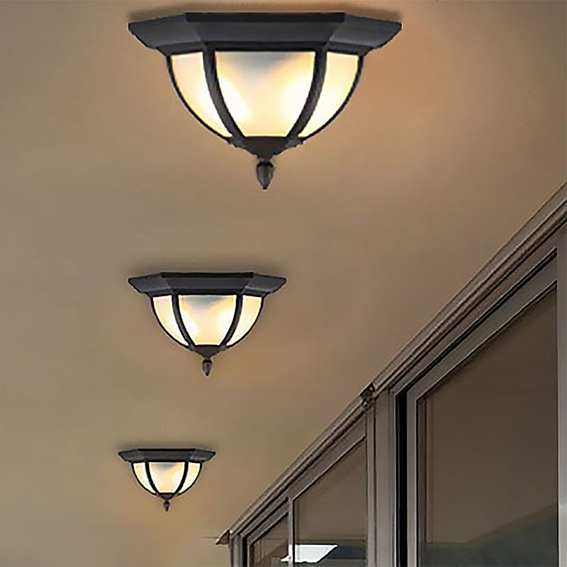 Industrial Bowl Flush Ceiling Light Opal Glass 2 Lights Outdoor Flush Mount in Black Clearhalo 'Ceiling Lights' 'Close To Ceiling Lights' 'Close to ceiling' 'Flush mount' Lighting' 1522881