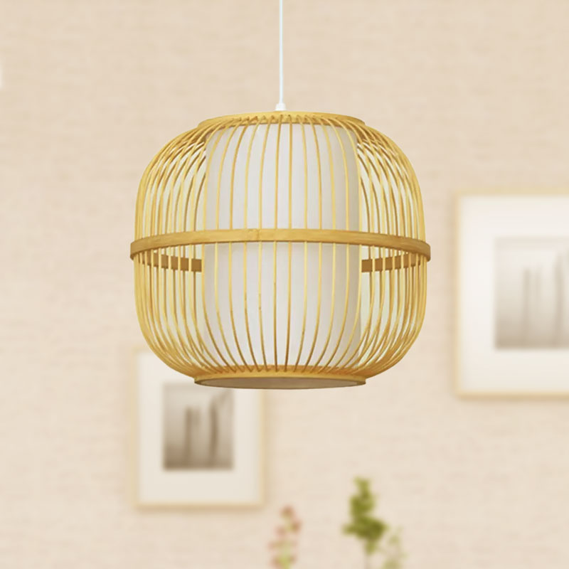 Beige Oblong Ceiling Fixture Contemporary Style 1-Light Bamboo Pendant Lamp with Inner Cylindrical Shade Clearhalo 'Ceiling Lights' 'Pendant Lights' 'Pendants' Lighting' 1522966