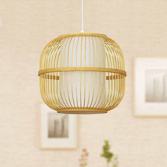 Beige Oblong Ceiling Fixture Contemporary Style 1-Light Bamboo Pendant Lamp with Inner Cylindrical Shade Clearhalo 'Ceiling Lights' 'Pendant Lights' 'Pendants' Lighting' 1522966