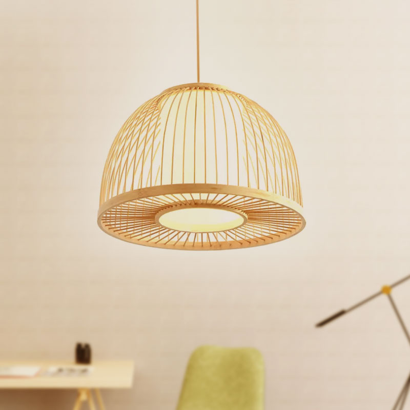 Modernism Domed Pendant Lamp Bamboo 1 Light Indoor Hanging Ceiling Light with Inner Cylinder Shade in Beige, 12"/14" W Clearhalo 'Ceiling Lights' 'Pendant Lights' 'Pendants' Lighting' 1522967