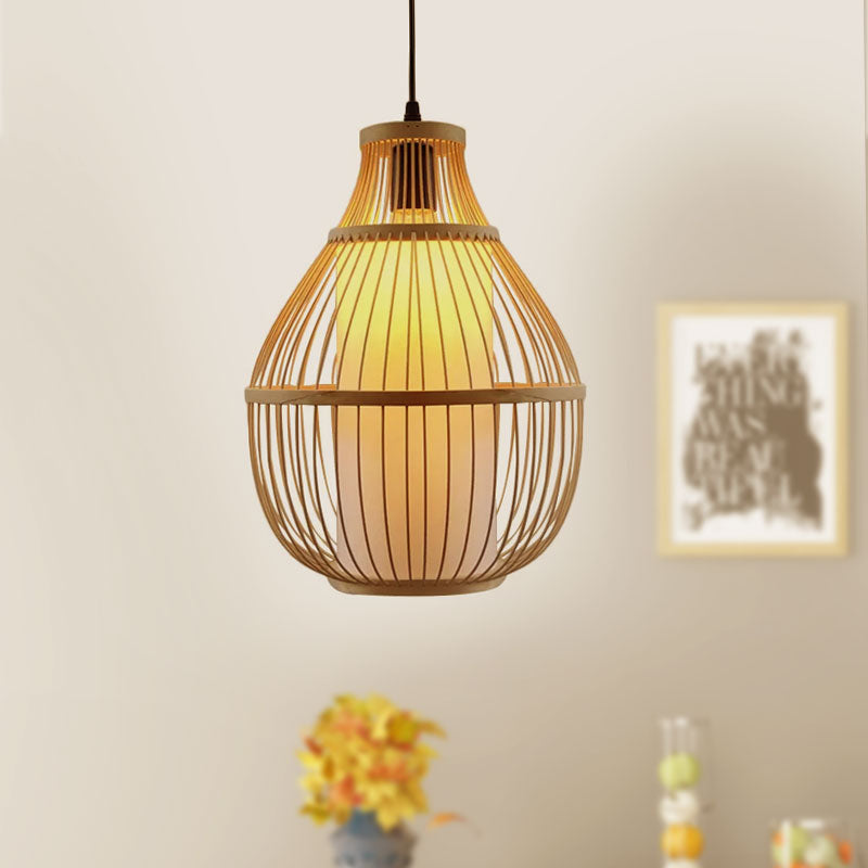 Teardrop Hanging Lamp Lodge Style Bamboo 1 Head Beige Pendant Lighting with Inner Cylinder Paper Shade Clearhalo 'Ceiling Lights' 'Modern Pendants' 'Modern' 'Pendant Lights' 'Pendants' Lighting' 1522968