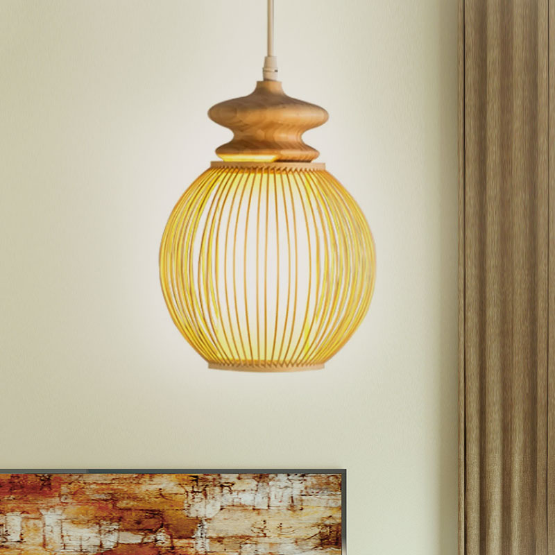 Bamboo Global Shade Hanging Lamp Asian Style 1 Light Ceiling Light Fixture with Wooden Cap in Beige, 9"/12" Dia Clearhalo 'Ceiling Lights' 'Pendant Lights' 'Pendants' Lighting' 1522969