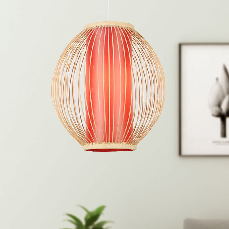 Global Kitchen Hanging Light Fixture Bamboo 1 Light Chinese Style Suspension Lamp with Inner Red Cylinder Shade Clearhalo 'Ceiling Lights' 'Modern Pendants' 'Modern' 'Pendant Lights' 'Pendants' Lighting' 1522970