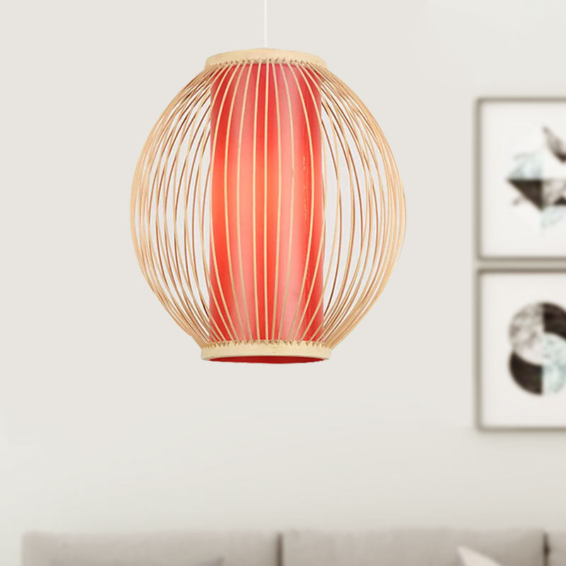 Global Kitchen Hanging Light Fixture Bamboo 1 Light Chinese Style Suspension Lamp with Inner Red Cylinder Shade Clearhalo 'Ceiling Lights' 'Modern Pendants' 'Modern' 'Pendant Lights' 'Pendants' Lighting' 1522971