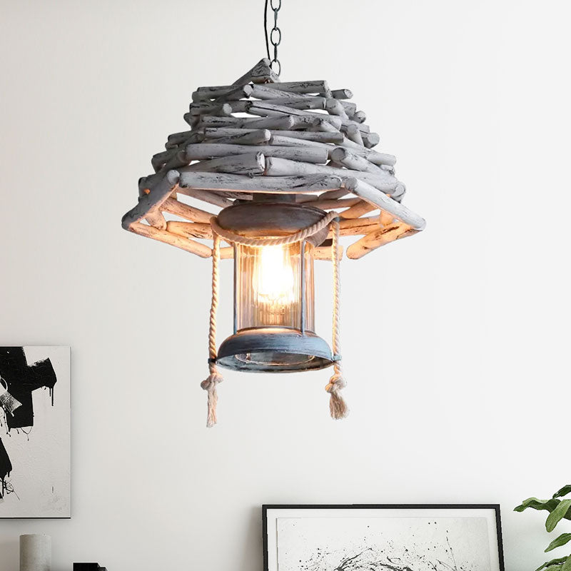 Lantern Hanging Pendant Light Vintage Wood 1-Light White Ceiling Pendant Lamp for Foyer Clearhalo 'Ceiling Lights' 'Modern Pendants' 'Modern' 'Pendant Lights' 'Pendants' Lighting' 1522973