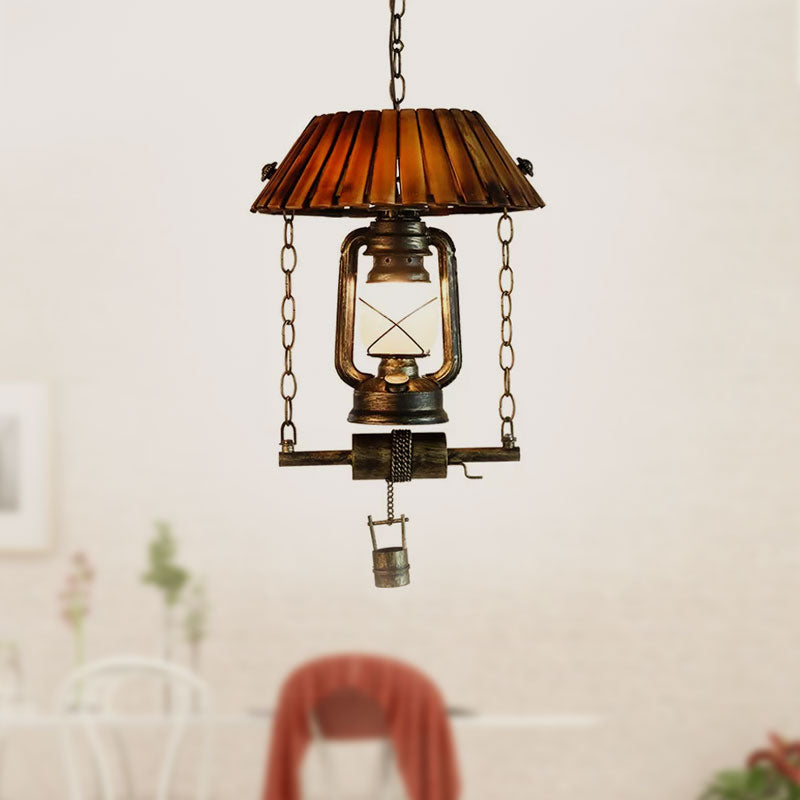 Lantern Pendant Ceiling Light Vintage Wood and Iron Single Bulb Brown Hanging Light for Indoor Clearhalo 'Ceiling Lights' 'Glass shade' 'Glass' 'Modern Pendants' 'Modern' 'Pendant Lights' 'Pendants' Lighting' 1522975