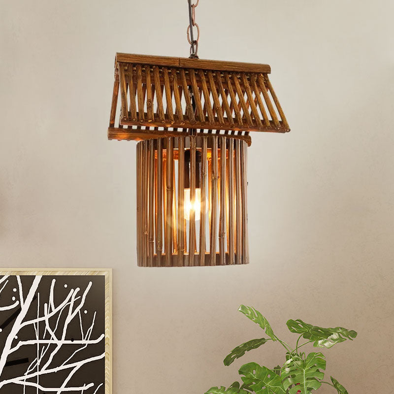 House Shape Drop Pendant Rustic Bamboo 1-Light Brown Hanging Ceiling Light for Living Room Clearhalo 'Ceiling Lights' 'Pendant Lights' 'Pendants' Lighting' 1522976