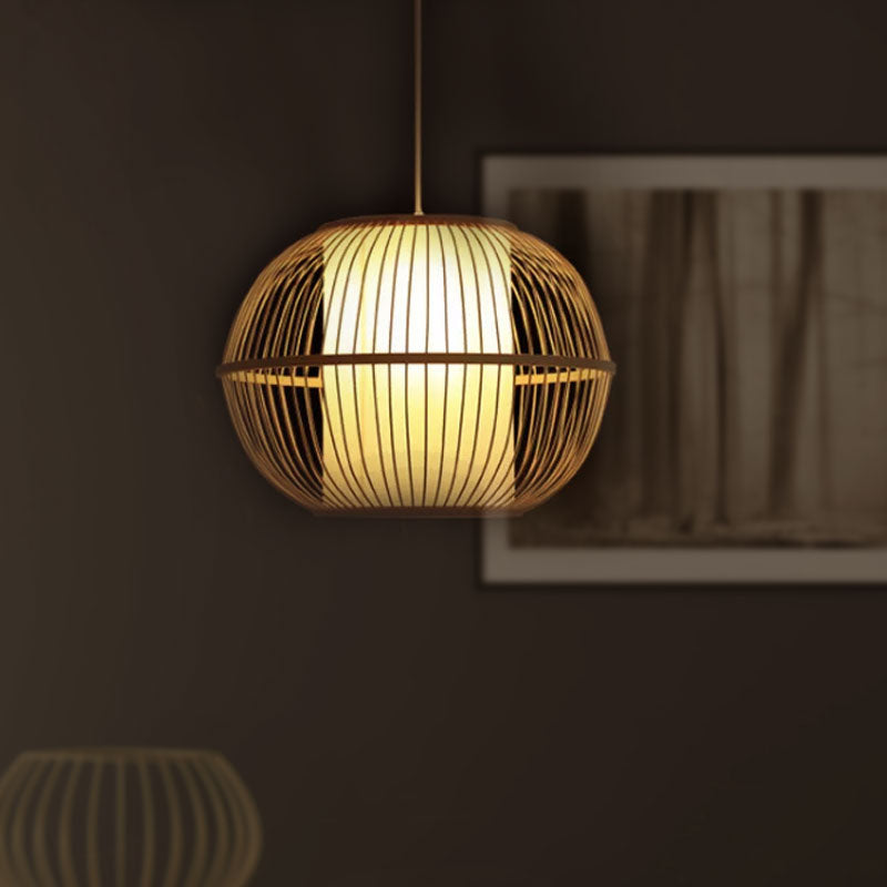 Bamboo Handmade Hanging Light Fixture Asian Style 12"/14" W 1-Light Beige Suspended Lamp with White Cylinder Inner Shade Clearhalo 'Ceiling Lights' 'Pendant Lights' 'Pendants' Lighting' 1522979