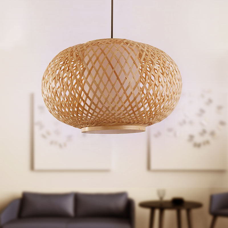 Curved Drum Restaurant Ceiling Fixture Bamboo 1 Light Asian Style Pendant Lighting with Cross Woven Design in Beige Clearhalo 'Ceiling Lights' 'Pendant Lights' 'Pendants' Lighting' 1522980