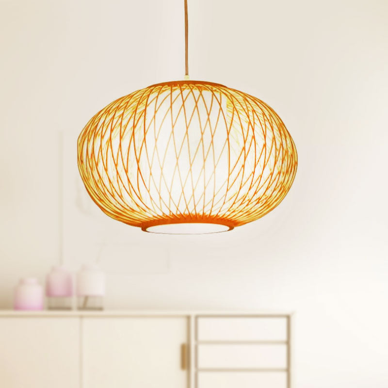 Beige Hand-Knitted Hanging Lighting with Drum Shade Modernism 10"/16" W 1 Bulb Bamboo Ceiling Lamp for Dining Room Clearhalo 'Ceiling Lights' 'Pendant Lights' 'Pendants' Lighting' 1522981