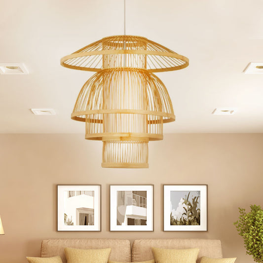 Tiered Dining Room Pendant Lighting Bamboo 1-Light Asian Stylish Hanging Lamp in Beige Clearhalo 'Ceiling Lights' 'Pendant Lights' 'Pendants' Lighting' 1522984