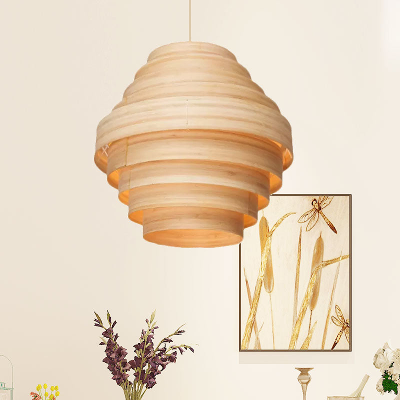 Modern Tiered Suspension Pendant Wooden 1-Light Living Room Hanging Ceiling Light in Natural Wood Clearhalo 'Ceiling Lights' 'Modern Pendants' 'Modern' 'Pendant Lights' 'Pendants' Lighting' 1522986