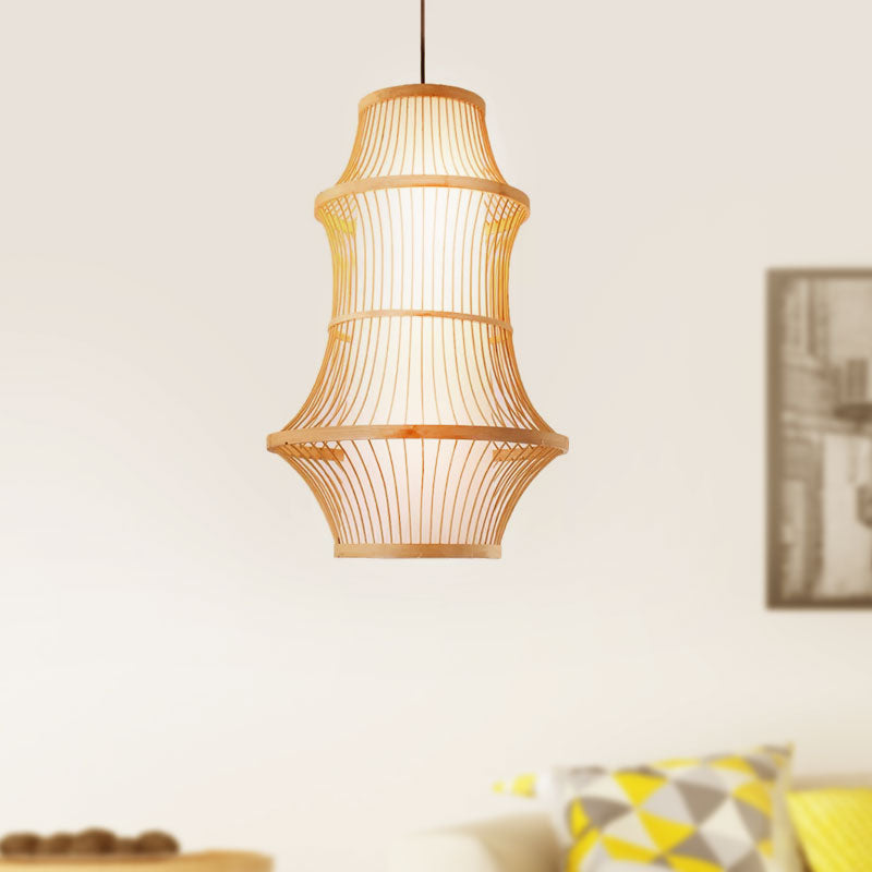 1 Light Restaurant Hanging Light with Cage-Like Bamboo Shade Modernist Beige Pendant Lamp Clearhalo 'Ceiling Lights' 'Pendant Lights' 'Pendants' Lighting' 1522988