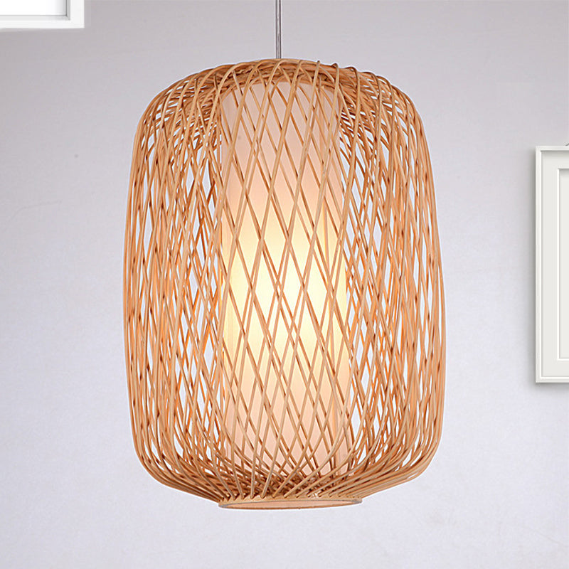 Asian Stylish Hand-Knitted Hanging Lighting with Cylinder Shade Bamboo 1 Light Living Room Pendant Lamp in Beige Clearhalo 'Ceiling Lights' 'Pendant Lights' 'Pendants' Lighting' 1522992