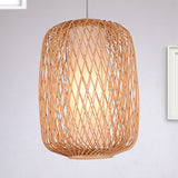 Asian Stylish Hand-Knitted Hanging Lighting with Cylinder Shade Bamboo 1 Light Living Room Pendant Lamp in Beige Clearhalo 'Ceiling Lights' 'Pendant Lights' 'Pendants' Lighting' 1522992