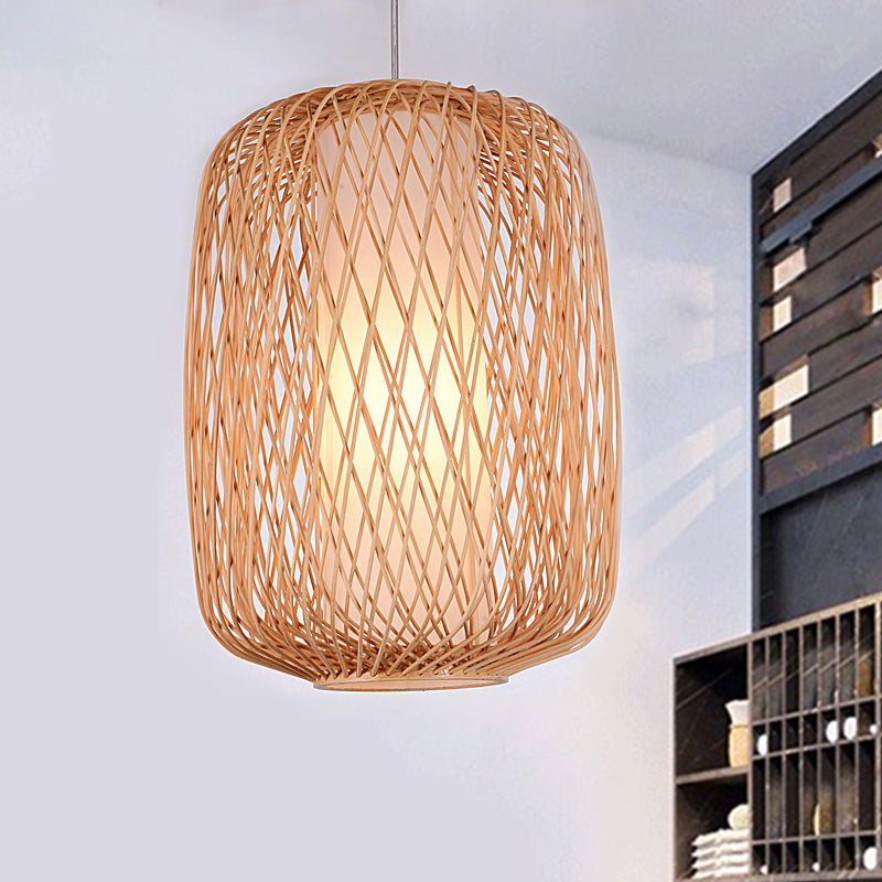 Asian Stylish Hand-Knitted Hanging Lighting with Cylinder Shade Bamboo 1 Light Living Room Pendant Lamp in Beige Clearhalo 'Ceiling Lights' 'Pendant Lights' 'Pendants' Lighting' 1522993