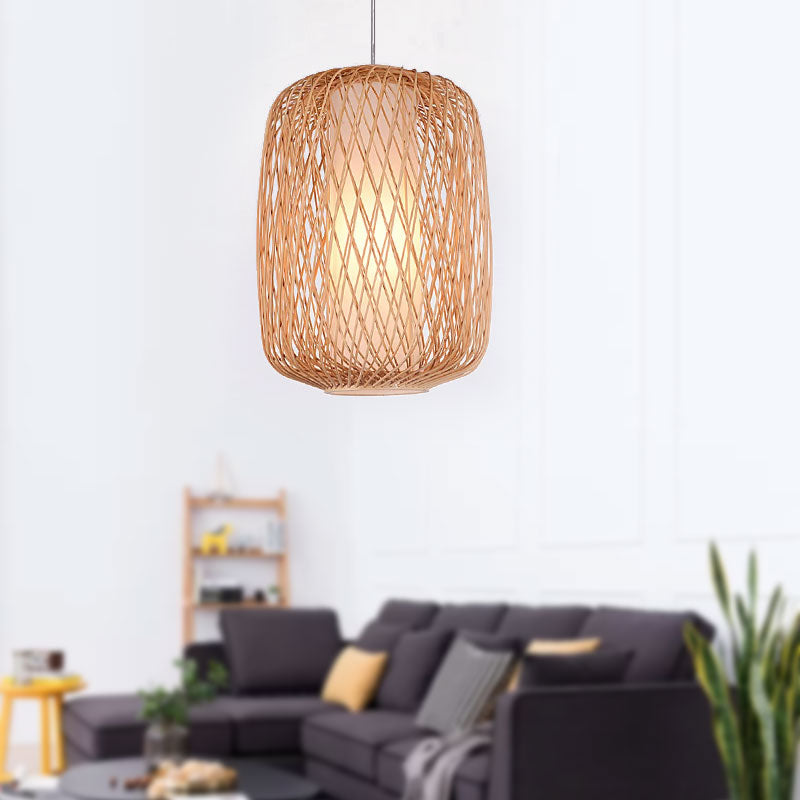 Asian Stylish Hand-Knitted Hanging Lighting with Cylinder Shade Bamboo 1 Light Living Room Pendant Lamp in Beige Clearhalo 'Ceiling Lights' 'Pendant Lights' 'Pendants' Lighting' 1522994