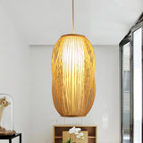 Beige Woven Shade Hanging Pendant Light Modernism 1 Light Bamboo Pendant Lighting for Living Room, 7.5"/9" W Clearhalo 'Ceiling Lights' 'Pendant Lights' 'Pendants' Lighting' 1522997