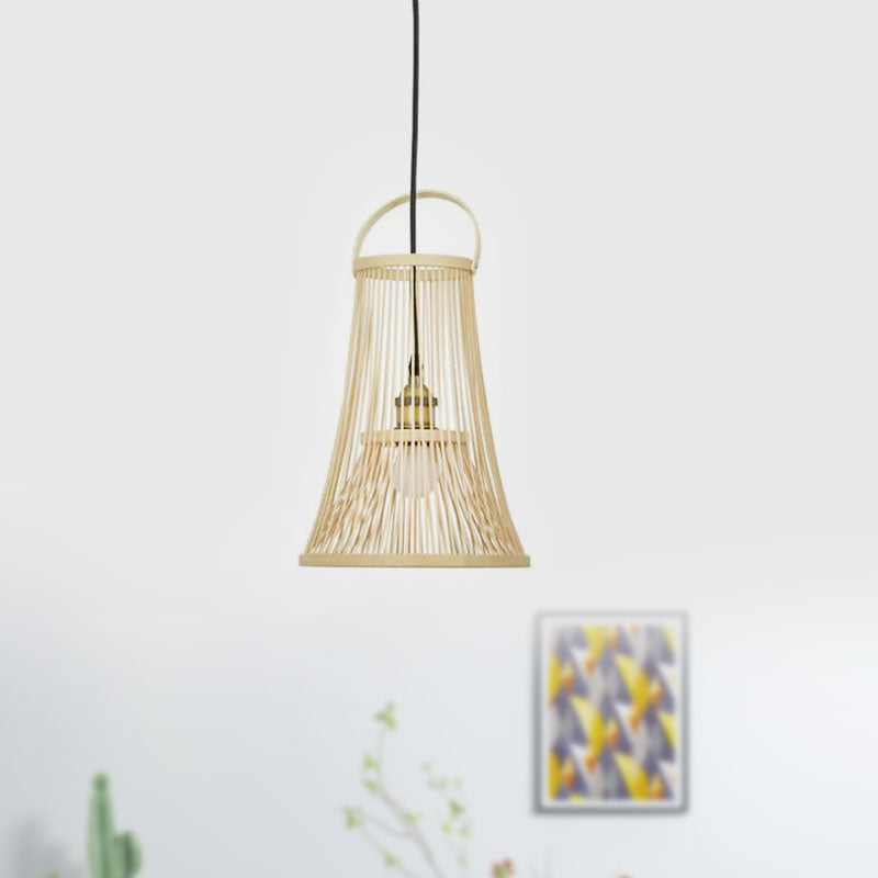 Bamboo Trumpet Shade Hanging Light Asian Style 1 Bulb Beige Pendant Ceiling Light with Arched Handle Clearhalo 'Ceiling Lights' 'Pendant Lights' 'Pendants' Lighting' 1522998