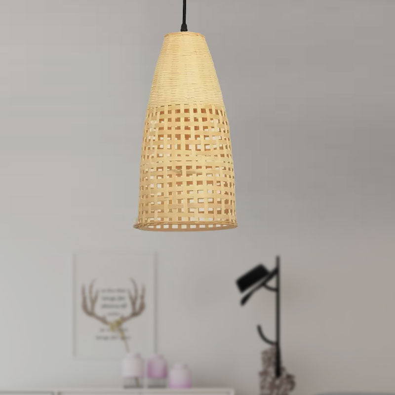 Chinese 1-Bulb Ceiling Pendant Light with Bamboo Shade Beige Elongated Drop Pendant for Restaurant Clearhalo 'Ceiling Lights' 'Pendant Lights' 'Pendants' Lighting' 1522999