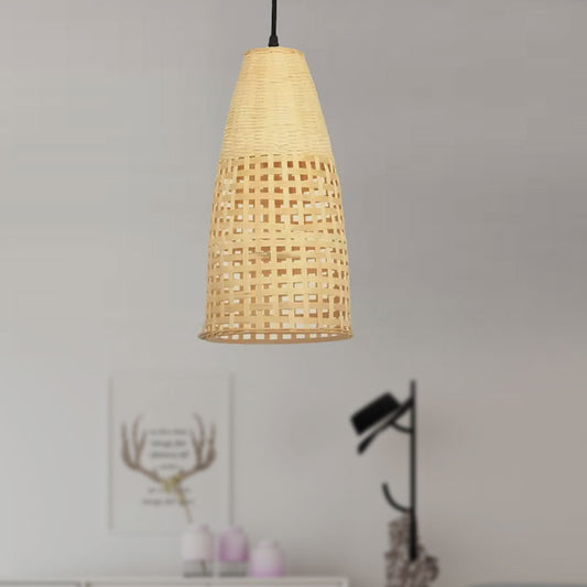 Chinese 1-Bulb Ceiling Pendant Light with Bamboo Shade Beige Elongated Drop Pendant for Restaurant Clearhalo 'Ceiling Lights' 'Pendant Lights' 'Pendants' Lighting' 1522999