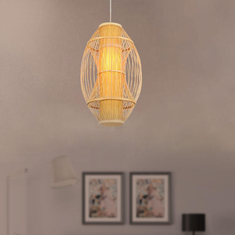 Beige Oblong Shade Hanging Pendant Light Contemporary 1 Head Bamboo Hanging Lamp for Kitchen Clearhalo 'Ceiling Lights' 'Pendant Lights' 'Pendants' Lighting' 1523000