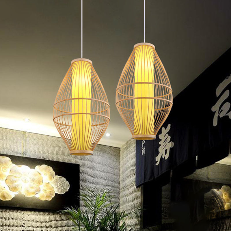 Beige Hand-Woven Hanging Light with Oval Shade Asian Style 1-Light Bamboo Pendant Lamp Clearhalo 'Ceiling Lights' 'Pendant Lights' 'Pendants' Lighting' 1523002