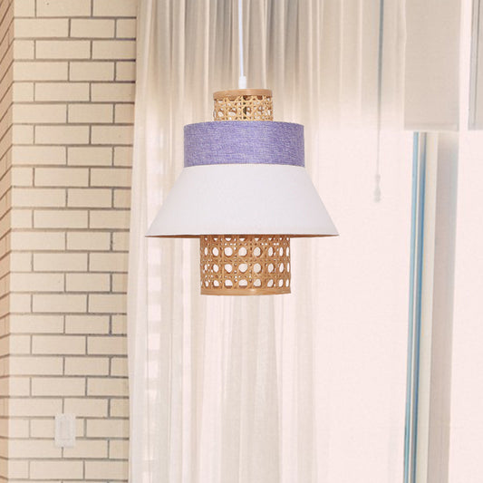 Hand-Worked Hanging Light Asian Style Green/Purple Fabric 1 Light Bedroom Pendant Lamp with Bamboo Interior Shade Clearhalo 'Ceiling Lights' 'Pendant Lights' 'Pendants' Lighting' 1523010