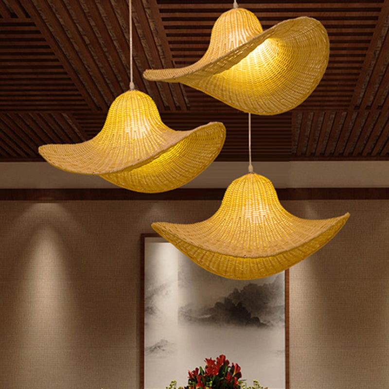 16"/19.5" Long South-east 1-Bulb Hanging Pendant with Rattan Beige Straw Hat Shaped Drop Light for Restaurant Tea House Clearhalo 'Ceiling Lights' 'Pendant Lights' 'Pendants' Lighting' 1523012