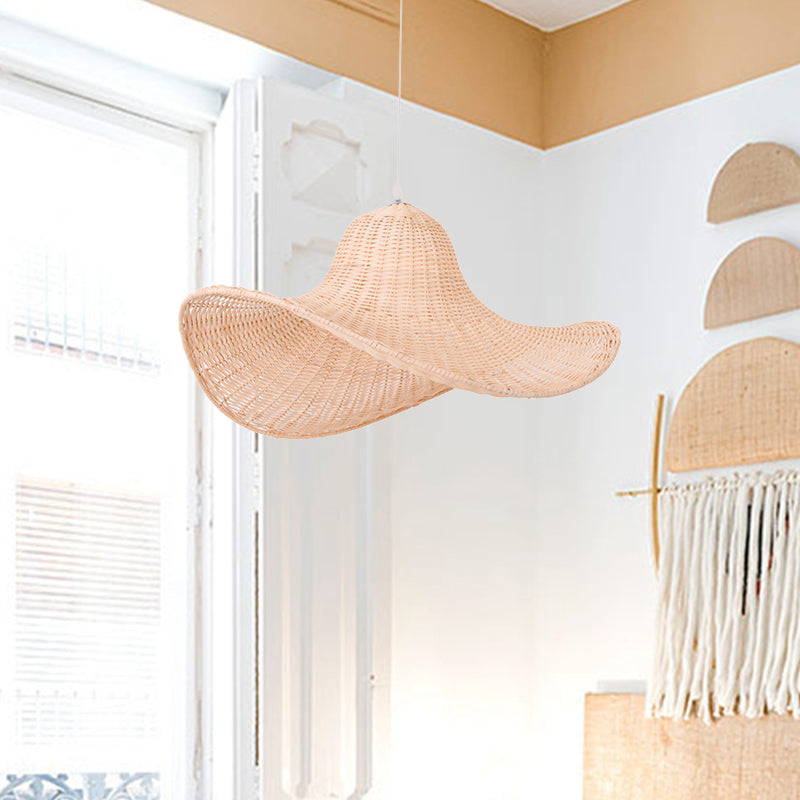 16"/19.5" Long South-east 1-Bulb Hanging Pendant with Rattan Beige Straw Hat Shaped Drop Light for Restaurant Tea House Clearhalo 'Ceiling Lights' 'Pendant Lights' 'Pendants' Lighting' 1523013