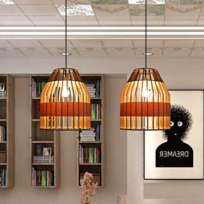 Japanese Bird Cage Pendant Light Fixture Wooden 1 Light Restaurant Hanging Ceiling Light in Yellow Clearhalo 'Ceiling Lights' 'Pendant Lights' 'Pendants' Lighting' 1523015