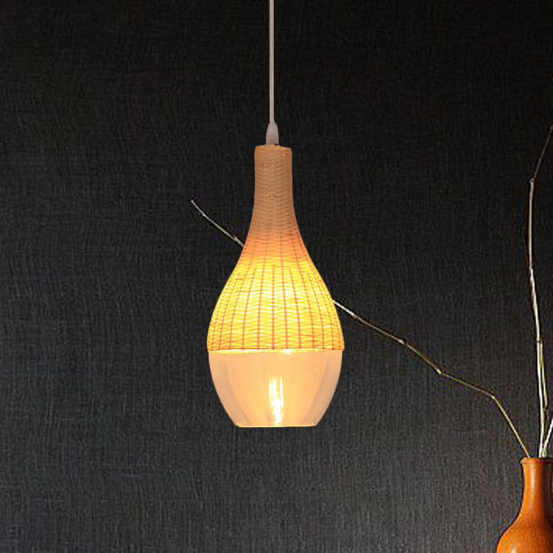 6"/10" Wide Teardrop/Onion Bamboo Hanging Pendant Modern Single Light Yellow Suspension Lamp with Clear Glass Shade Clearhalo 'Ceiling Lights' 'Modern Pendants' 'Modern' 'Pendant Lights' 'Pendants' Lighting' 1523020