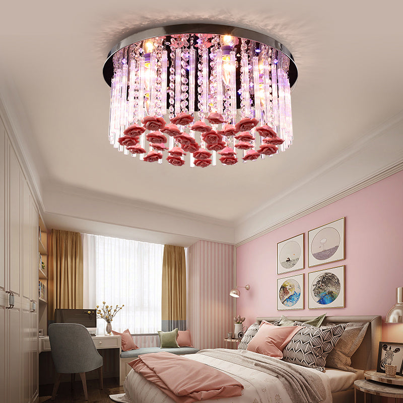 LED Round Ceiling Mount Light Modern Stylish Crystal and Ceramic Ceiling Lamp with Rose Deco in Red Red 19.5" Clearhalo 'Ceiling Lights' 'Close To Ceiling Lights' 'Close to ceiling' 'Flush mount' Lighting' 152314